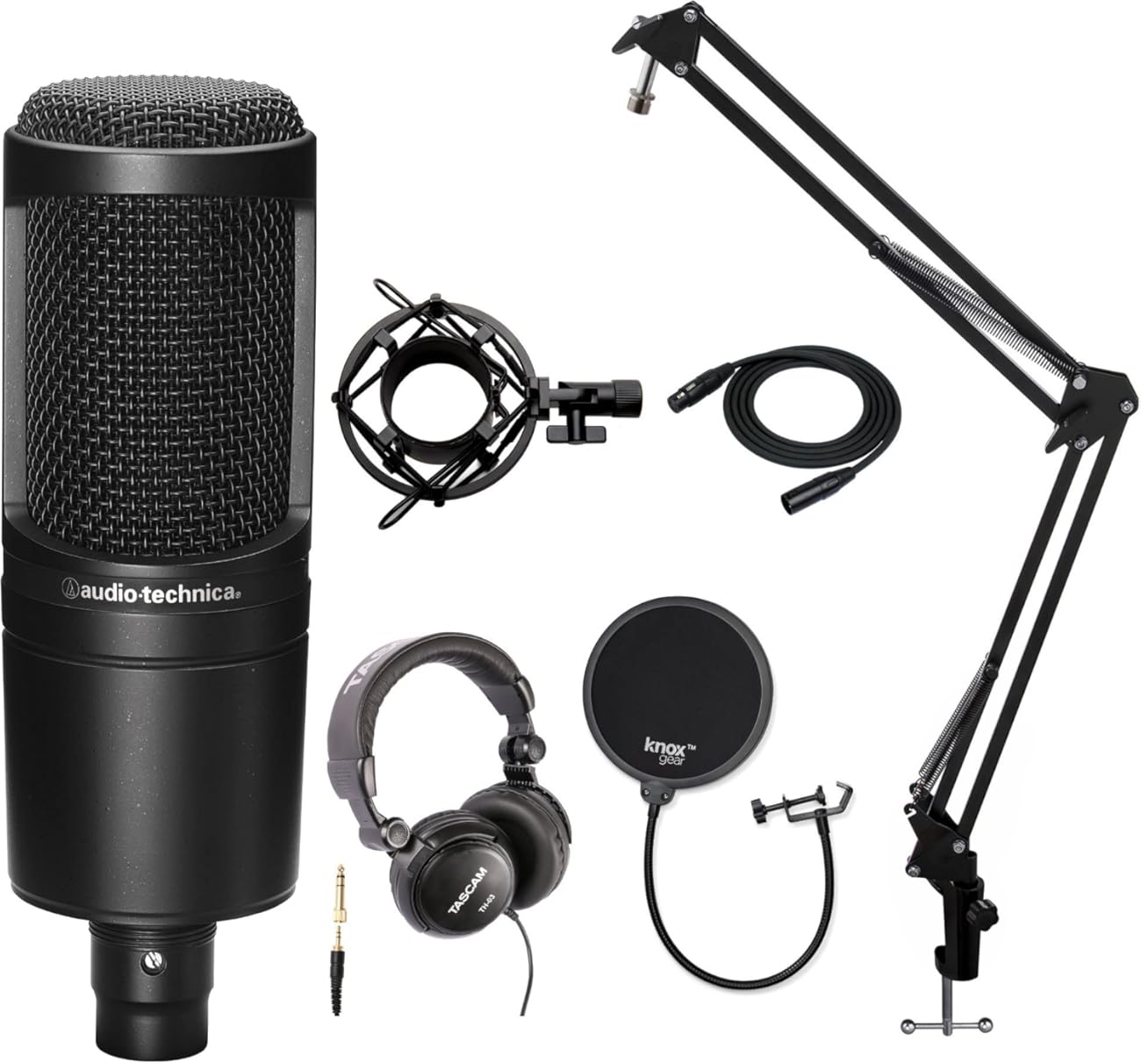 Audio-Technica AT2020 Condenser Studio Microphone with Studio Headphones, Knox Gear Pop Filter, Boom Arm, Shock Mount and XLR Cable