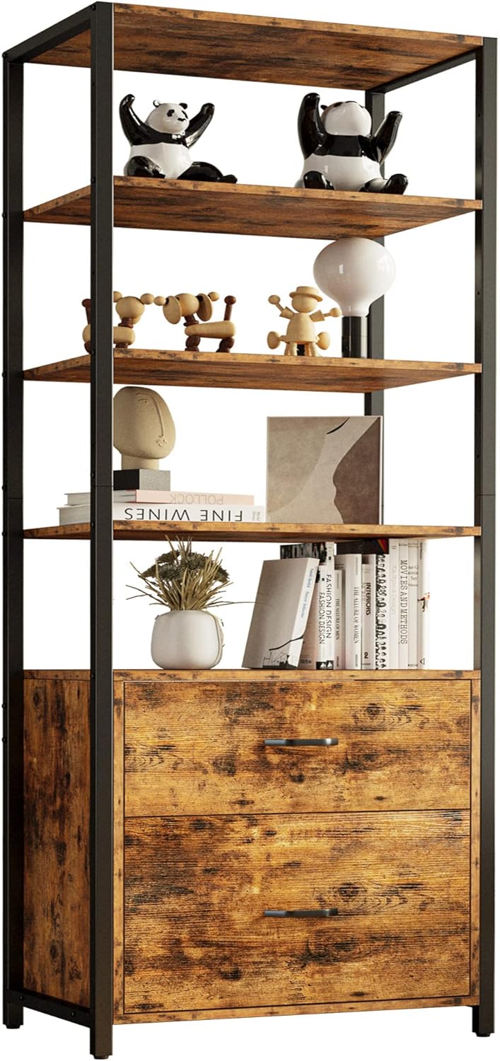 IRONCK Industrial Bookcase with File Cabinet Drawers, 71.6 in Tall Bookshelf 5 Tier, Freestanding Storage Home Office Cabinet Organizer, Rustic Home Decor, Vintage Brown