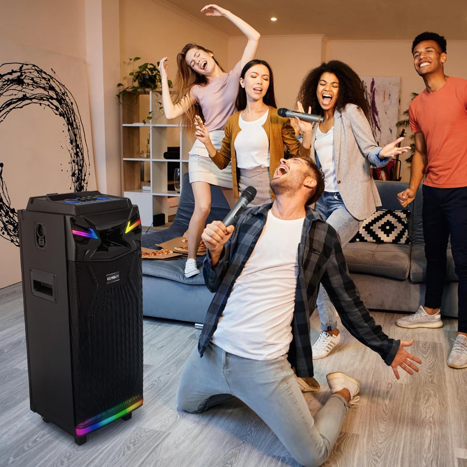 GTSK210‑1 Karaoke Machine for Adults with 2 Wireless Microphones, Portable Bluetooth Singing Speaker, PA System Treble & Bass, Live Streaming, Support USB/AUX/TF Card for Home Party Outdoors