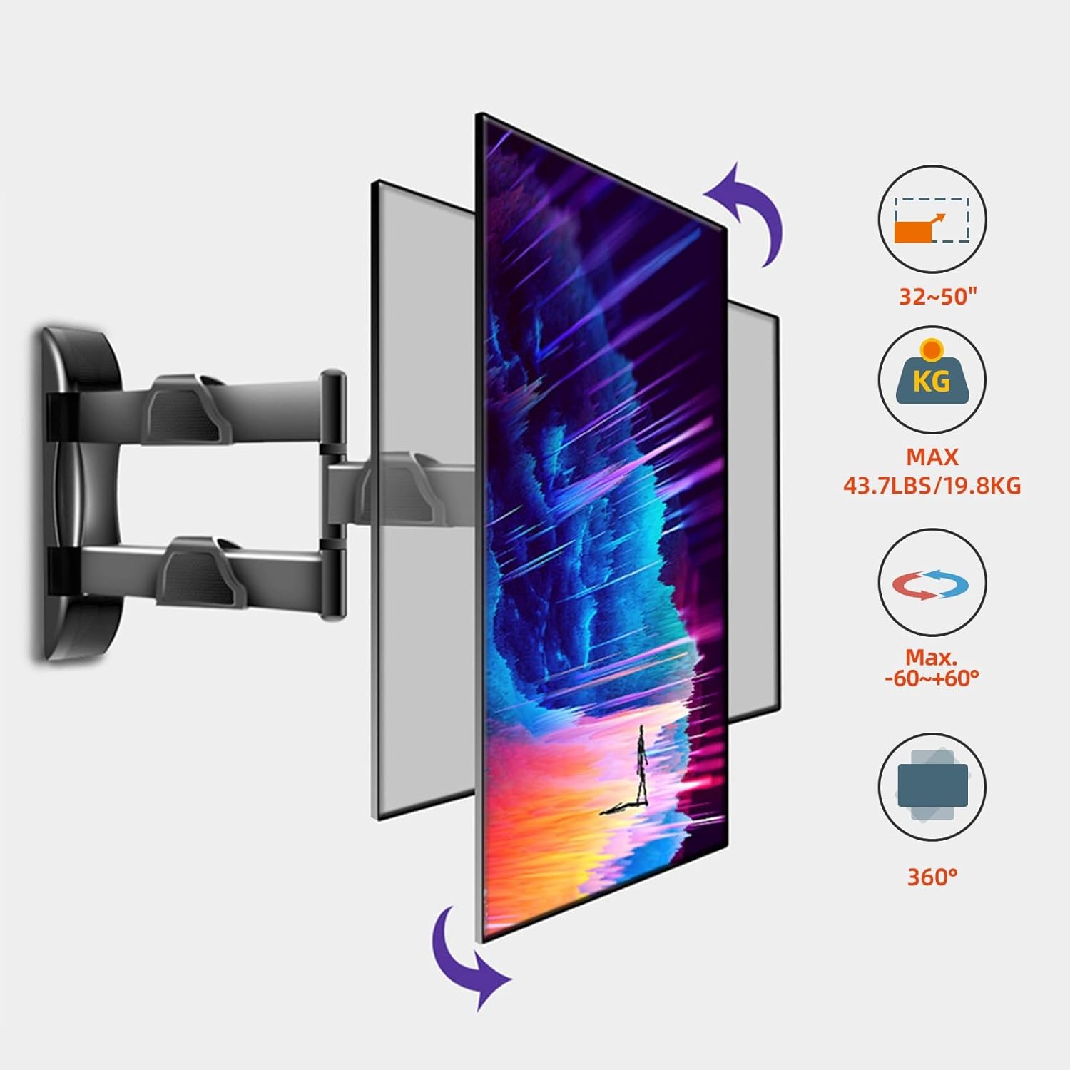 Vertical and Horizontal TV Wall Mount Swivel Tilt Rotate Arm Fits Most 32 42 43 50 inch Flat Curved Screen, Full Motion 90 Degree Bracket, Max VESA 400x400mm Up to 44lbs DY3255