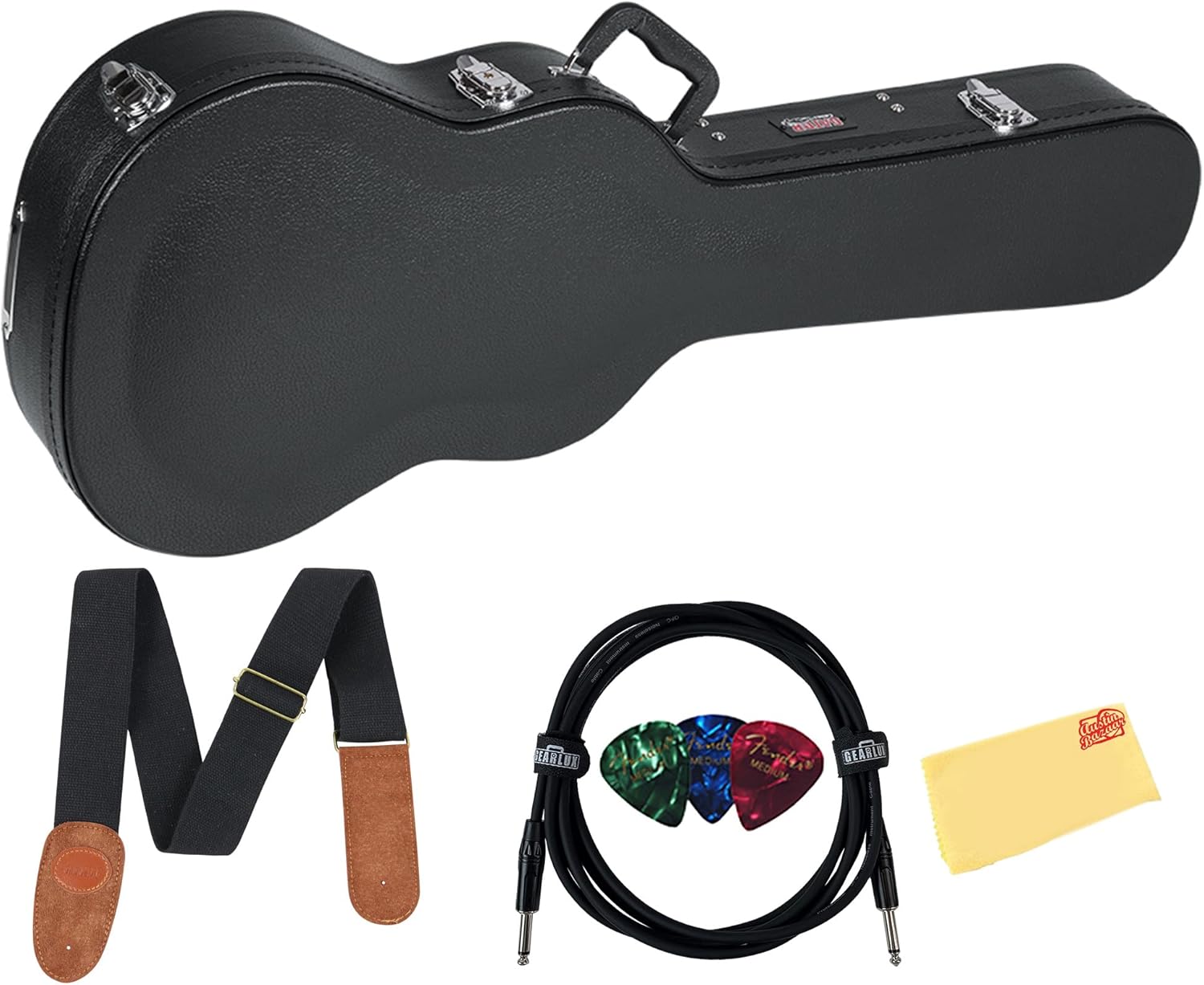 Gator GWE-LPS-BLK Hard-Shell Wood Case for Single-Cutaway Electric Guitars such as Gibson Les Paul - Bundle with Picks, Cable, Strap, and Austin Bazaar Polishing Cloth