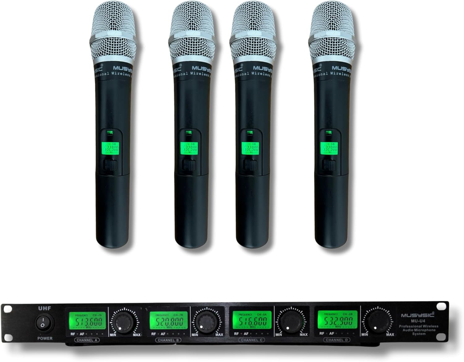 MUSYSIC 4-Channel Professional Wireless UHF Microphone System, 300ft Range Fixed Frequency Dynamic Handheld Microphones for Singing, Karaoke, Church, DJ