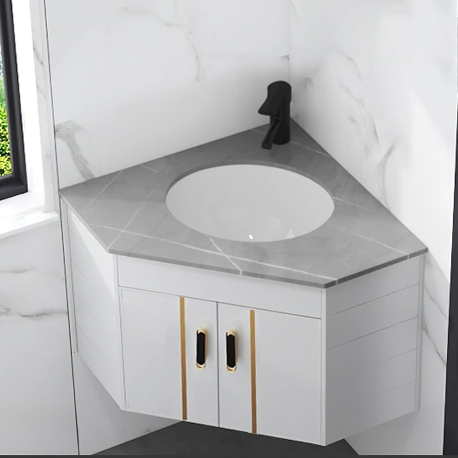 Corner Bathroom Sink, Corner Bathroom Vanity, Ceramic Bathroom Corner Sinks, Mount Bathroom Sink, Corner Wall Mount Bathroom Sink, Corner Balcony Sink with Storage Container(Gray)