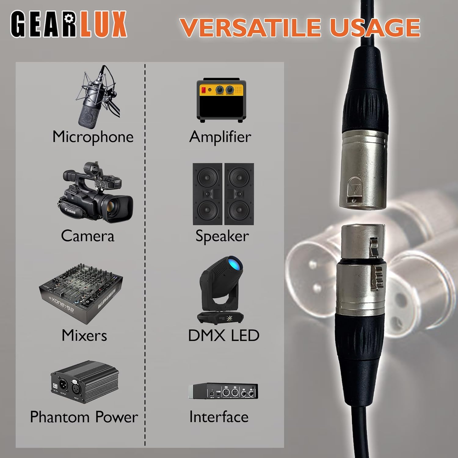 Gearlux XLR Microphone Cable, Fully Balanced, Male to Female, 25 Feet - 6 Pack