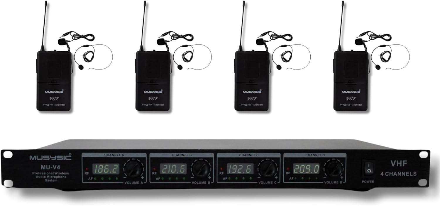MUSYSIC Wireless Microphone System Wireless VHF Lapel Lavalier Headset, Transmitter and Receiver Advanced SM Technology 1/4” Output Individual Frequency & Volume Control – 4 Channel