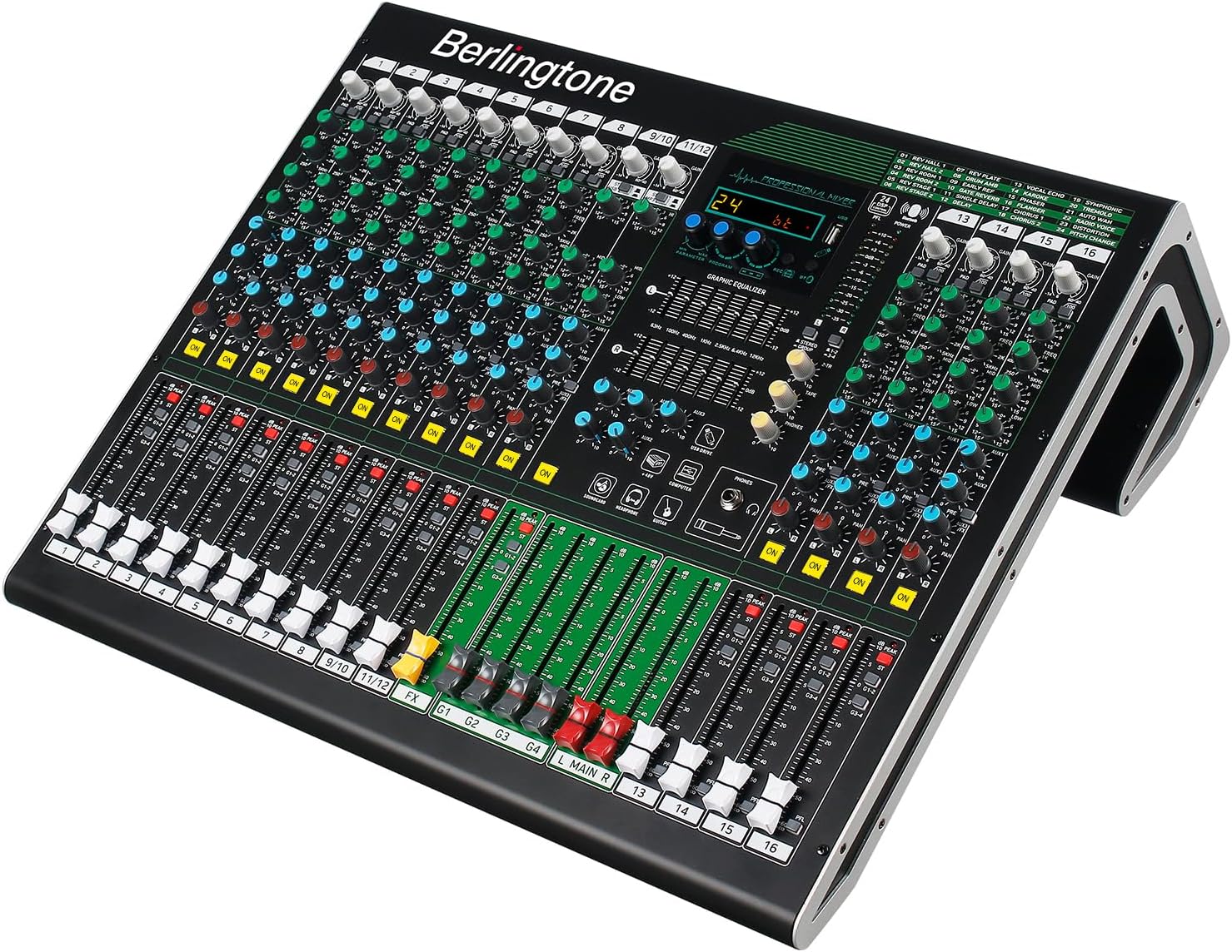 16-Channel Professional Bluetooth Audio Mixer with USB, PC Recording, 24 DSP Effects, 48V Phantom Power, 14 Mic Jack, 2 Stereo Input Soundboard,14 band EQ, RCA Input/Output (BR-216MX)