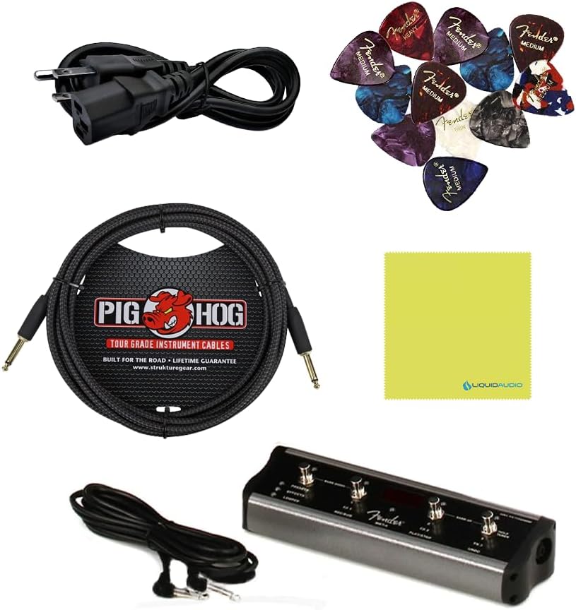 Fender Rumble Stage 800 Bass Guitar Amp 120V, Black Bundle with Pig Hog PCH10BK 10ft Black Woven Instrument Cable, Foot Switch, Power Cable, 12x Fender Guitar Picks and Instrument Polishing Cloth