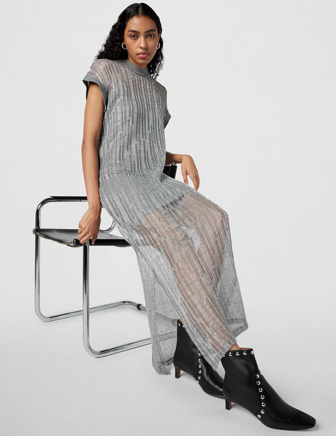 Allsaints Womens Giana Metallic Open Stitch Midi Dress