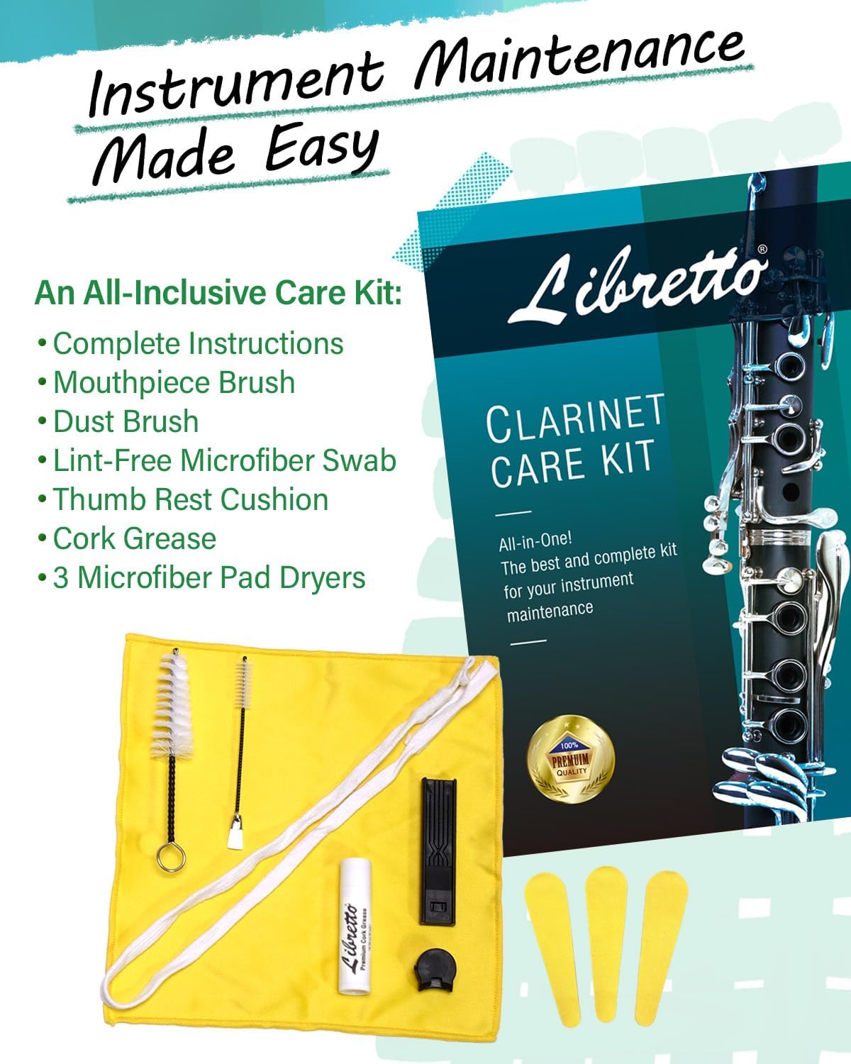 Libretto Bb Clarinet Set for Beginner and Intermediate Players, Name-Brand Mouthpiece & Reeds, Music Stand, Cleaning Kit, Instructions, Backpack Case, 5-Leg Stand, Educator-Recommended