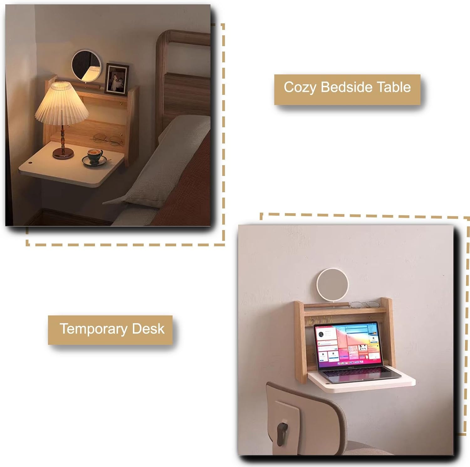 JHDXL Floating Vanity Desk, Small Wood Vanity Desk with Mirror, Floating Makeup Vanity for Wall, Fold Down Wall Mount Hairdressing Desk, for Bedroom(Yellow 2,40cm/15.7in)