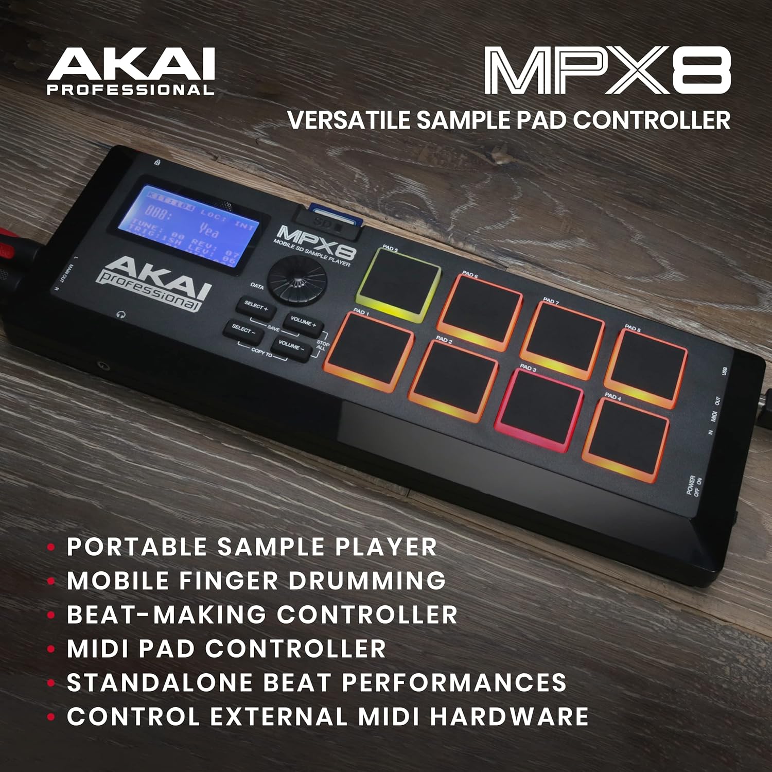 Akai Professional MPX8 - Portable Sample Pad Controller With 8 Performance-Ready Velocity-Sensitive Pads, MIDI Connectivity and On-Board SD Card Slot