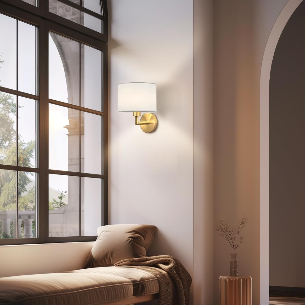 Drum Fabric Wall Sconces, Vintage Industrial Hardwired Boho Wall Sconce Bedside Light with Drum Shade, Rustic Indoor Wall Mount Light Fixtures for Dining Room Living Room Bedroom Hallway