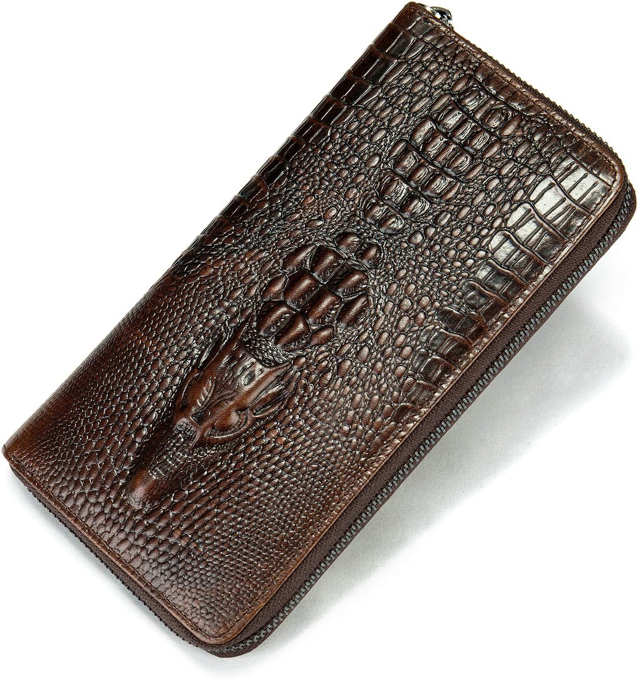 Men's Genuine Leather Long Zip Around Wallet RFID Blocking Checkbook & Credit Card Holder Personalized Design (Coffee)