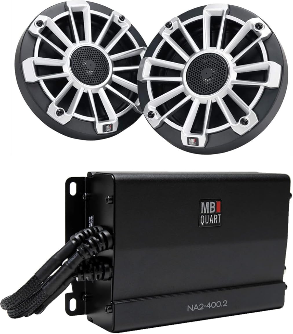 MB Quart Marine Powersports Nautic 2 Channel 400 Watt Maximum Power Full Range Class D Amplifier with 6.5 Inch Marine 3 Grills Speaker Pair