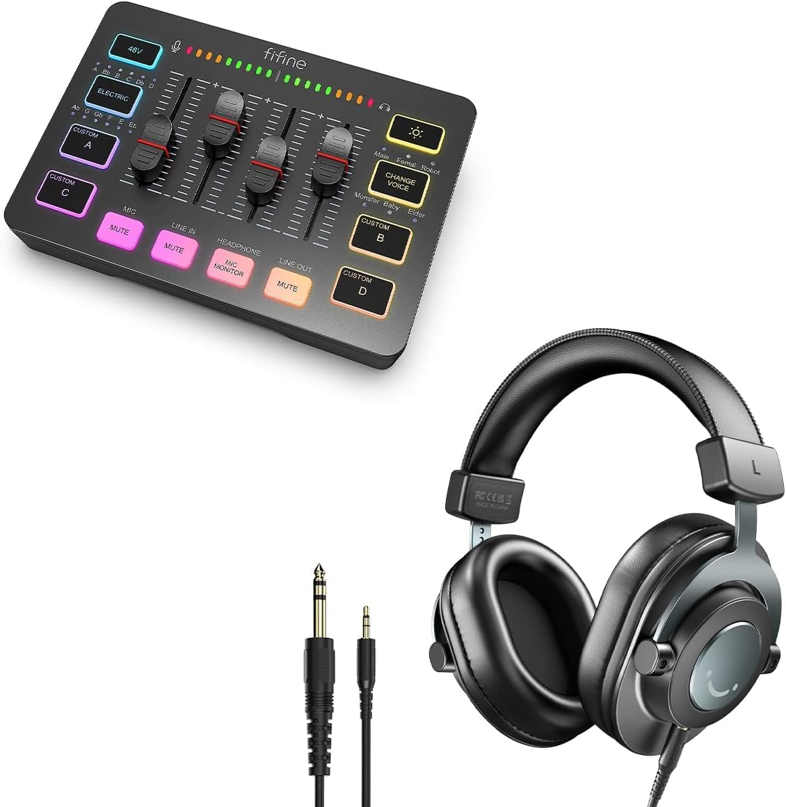 FIFINE Gaming Audio Mixer and Studio Monitor Headphones Set, Streaming RGB Mixer with Volume Control, Mute Button, 6.35MM Interface, Over-Ear Wired Headphones Bundle for Recording Podcast (H8+SC3)