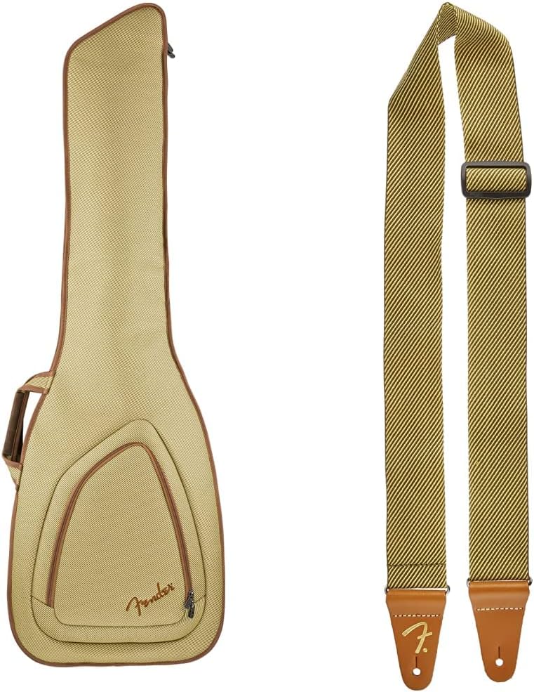 Fender FBT610 Electric Bass Gig Bag, Tweed & Vintage Tweed Guitar Strap, 2in