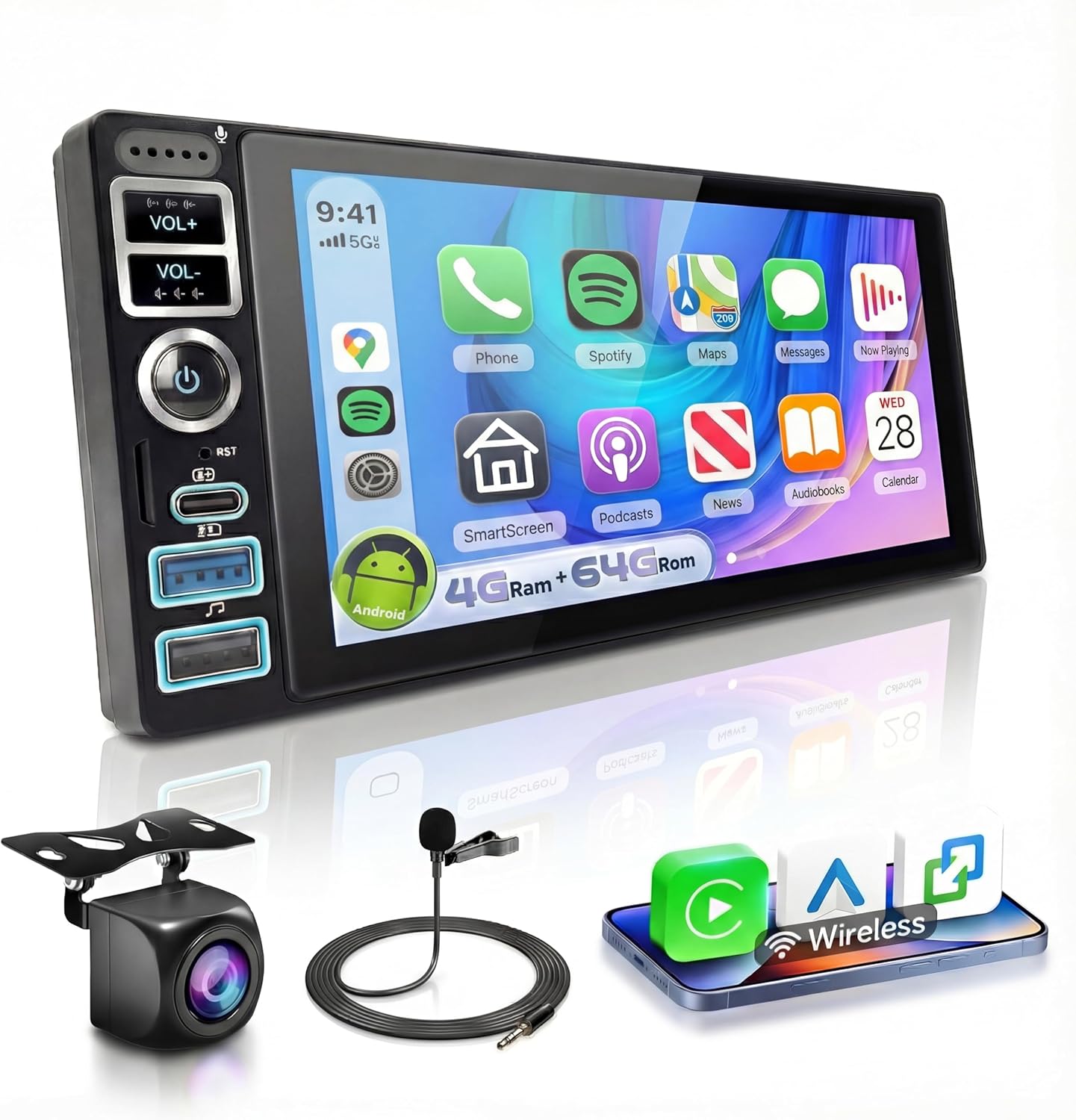 4+64G Single Din Android Stereo with Wireless Carplay and Android Auto, Driauto Car Radio HD Touch Screen Headunit with Mirror Link Bluetooth WiFi FM/RDS EQ USB Steering Wheel Control +Backup Camera