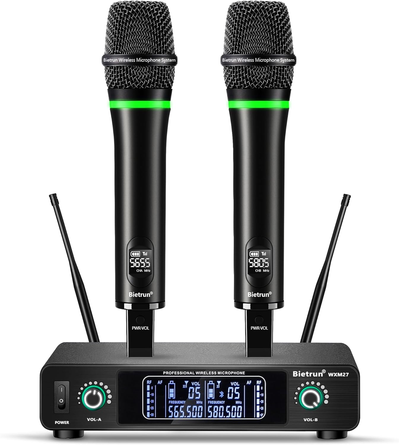 Bietrun Wireless Microphone, Rechargeable Metal Dual UHF Cordless Dynamic Handheld Microphone System for Home Karaoke, Meeting, Party, Church, DJ, Wedding(UHF 240ft Range)(Receiver with Bluetooth)