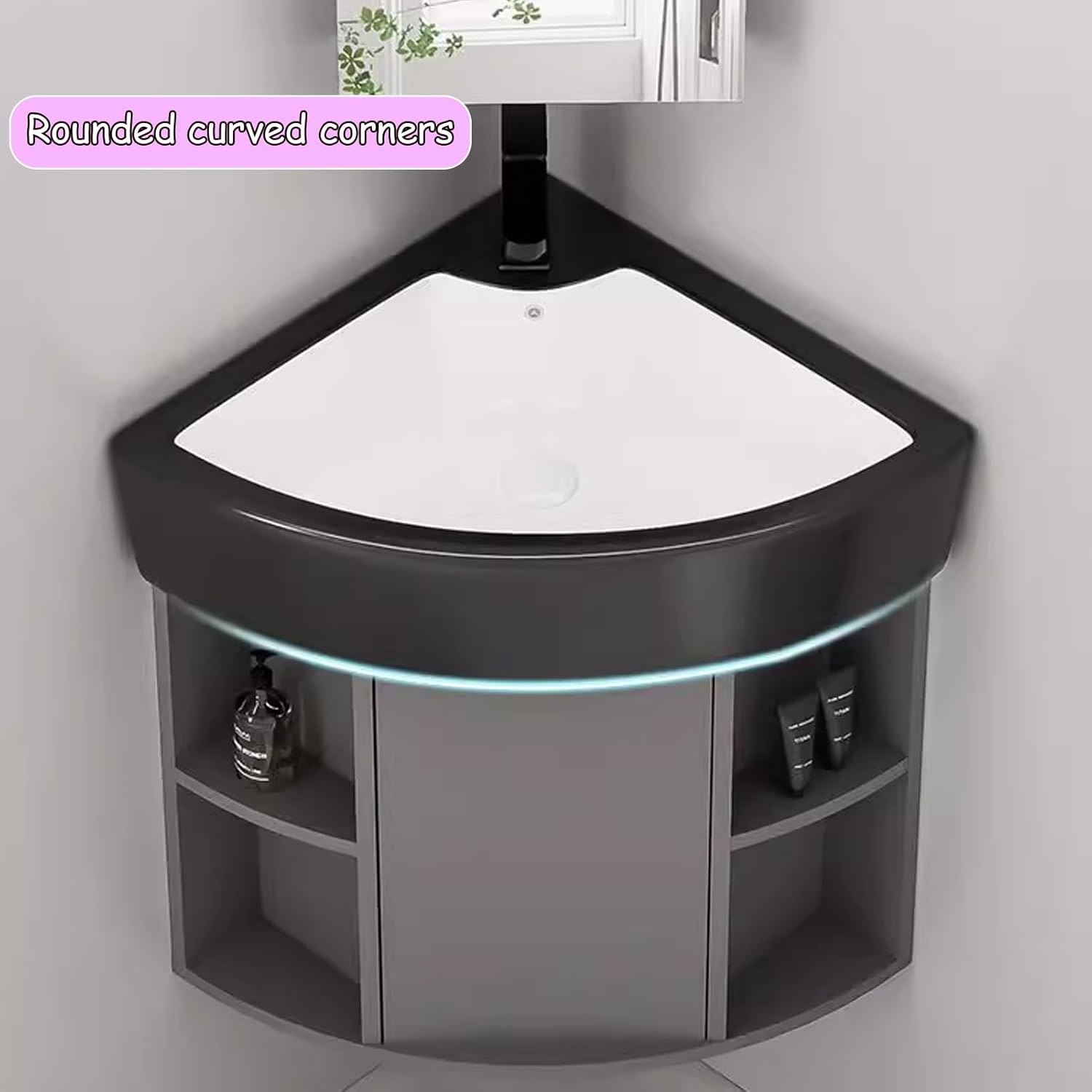 Corner Bathroom Sink, Wall Mount Ceramic Vanity, with Sink and Mirror Cabinet, Floating Wash Basin for Small Spaces, Corner Bathroom Vanity(15inchx38cm)