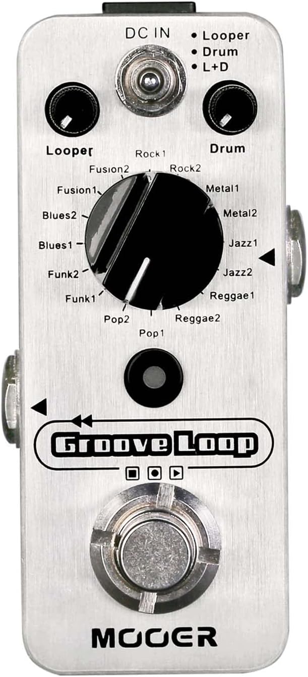 MOOER Groove Loop drum machine with 20 minute finder, 16 different drum grooves, 3 modes, play tempo for loop, record, practice with micro loop drum pedal, mini guitar jamming tool