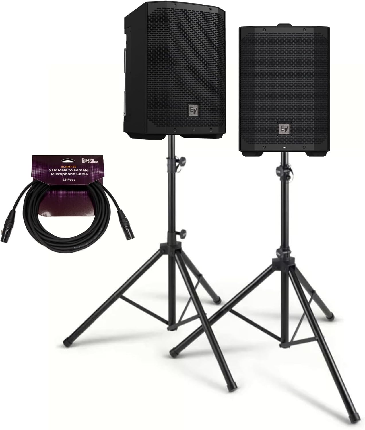 Electro-Voice EVERSE 8 8-Inch Compact 2-Way Battery Powered Loudspeaker (Black, 2-Pack) Bundle with Focus Pro Audio All-Aluminum Speaker Stand Pack and XLR Male to Female Microphone Cable (4 Items)