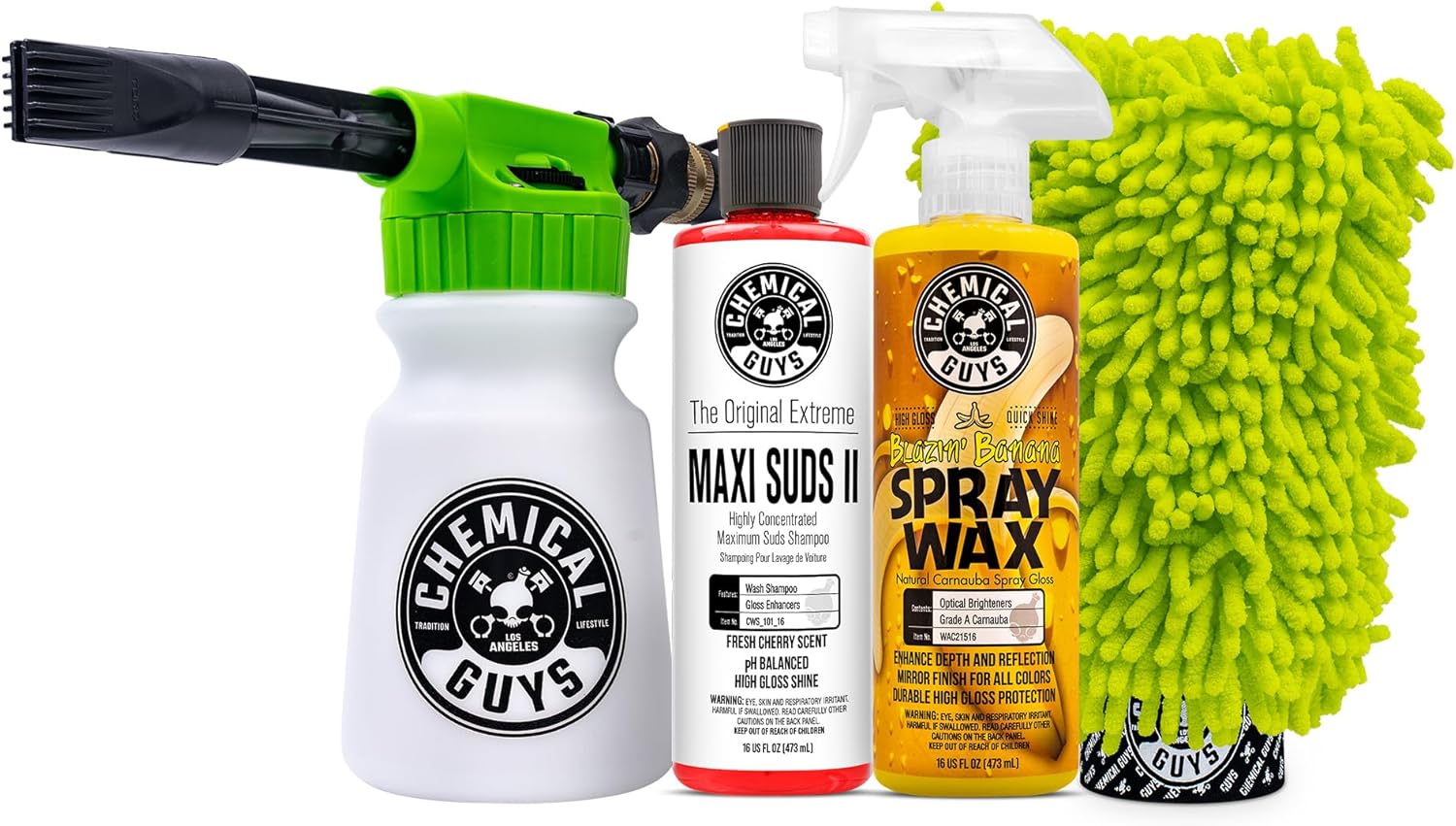Chemical Guys TORQ Foam Blaster Wash & Wax Kit with Wash Mitt, Maxi Suds II Car Wash Soap, Blazin' Banana Sprayable Car Wax, and Chenille Premium Wash Mitt (4 Items, 32 Fl oz)