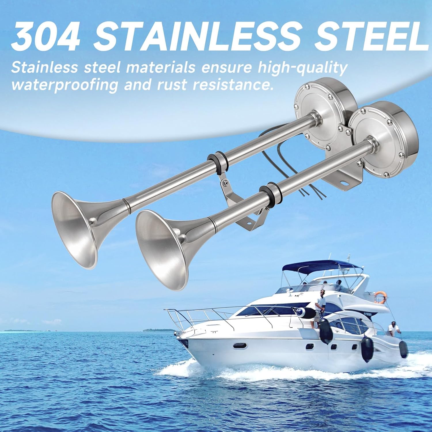 Marine Boat Safty Horns 12V 180dB Double Trumpet Truck Horn Stainless Steel Low and High Tone 2 Tube for Ship Truck RV Trailer Pickup Van Bus