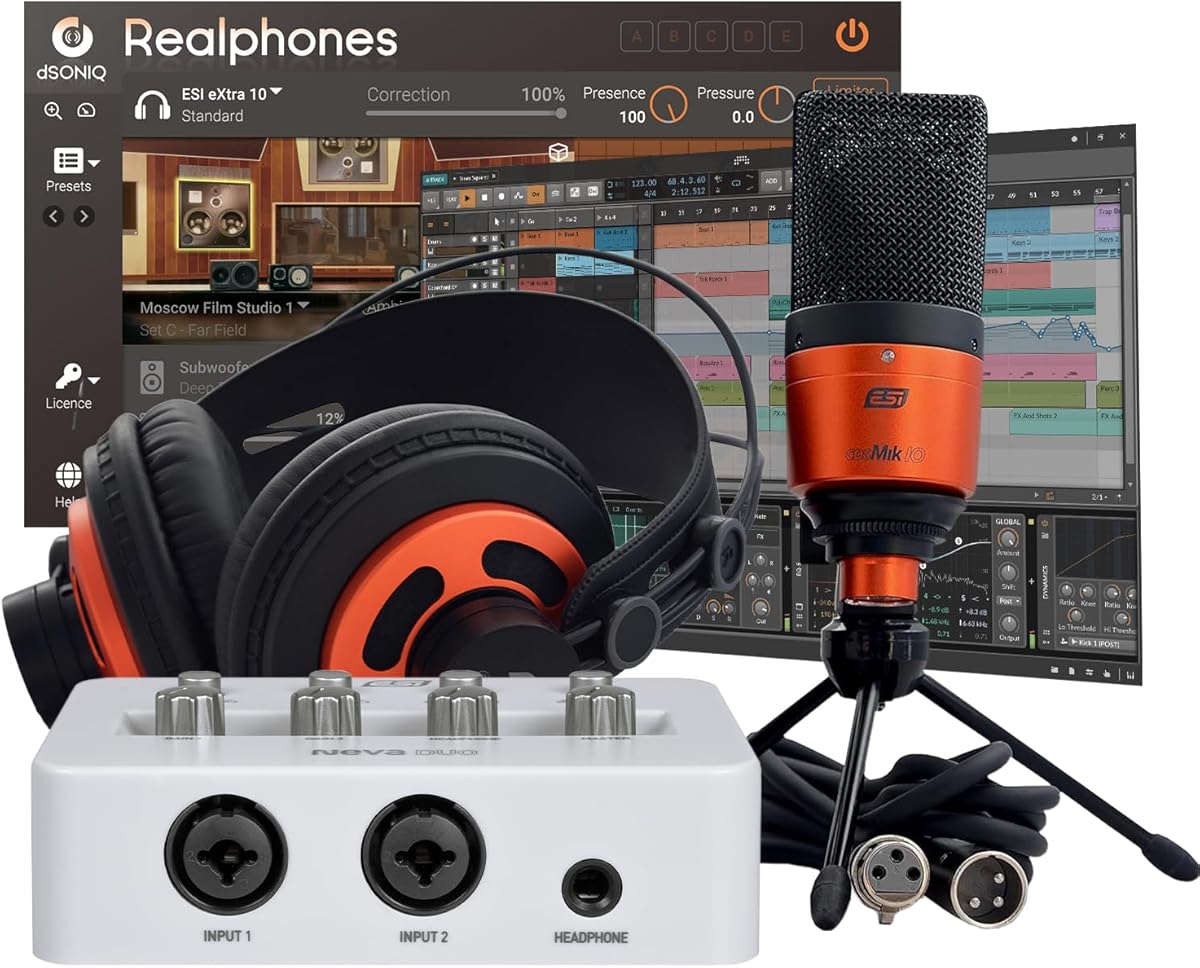 ESI Neva Duo Audio Interface Bundle for the Songwriter with Condenser Microphone and Headphones for Recording, Streaming, and Podcasting