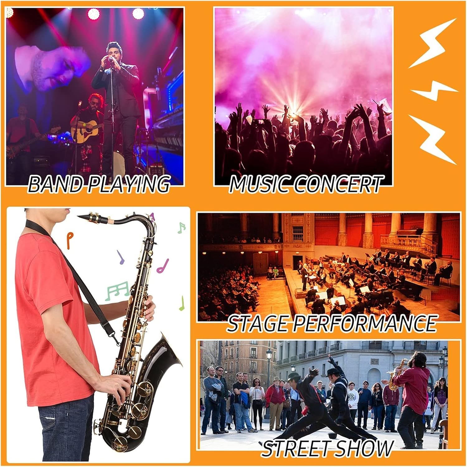 B- Flat Tenor Saxophone Bb Black Lacquer Sax with Instrument Case Mouthpiece Reed Neck Strap Cleaning Cloth Brush Student Saxophone