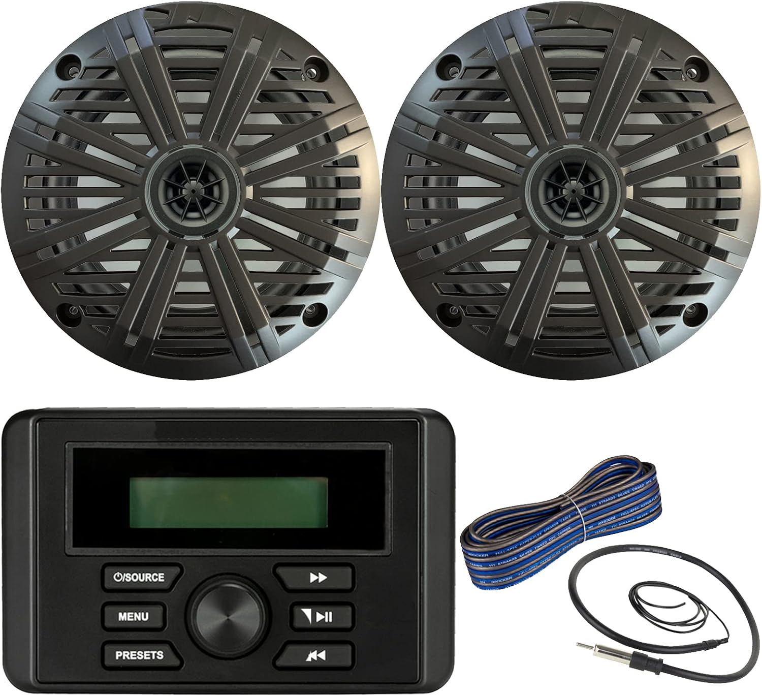 Kicker Weather-Resistant Marine Bluetooth USB RCA Stereo Receiver Bundle Combo with (QTY 2) 6.5