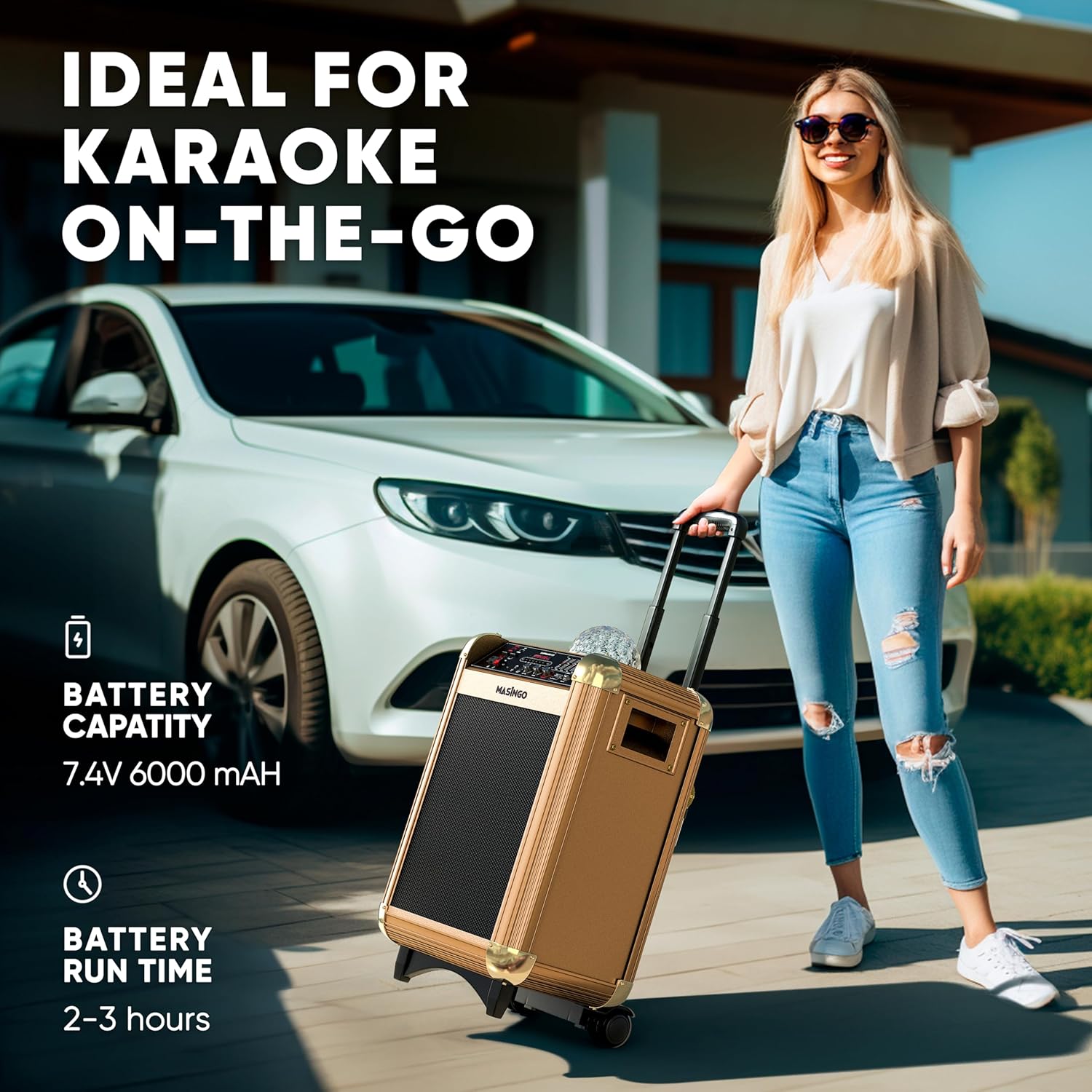 MASINGO Karaoke Machine for Adults and Kids with 2 Bluetooth Wireless Microphones. Portable Singing PA Speaker System with Disco Ball Lights, Lyrics Display Tablet Holder & TV Cable. Soprano X1 2.0