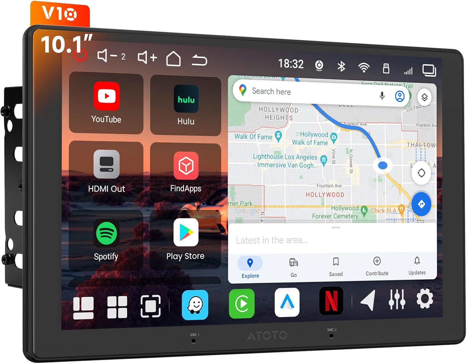 V10 10inch QLED Android 14 Double Din Car Stereo, 8-Core 6G+128G, 4G LTE/Wi-Fi, Wireless CarPlay&Android Auto, in‑Car Karaoke, 7.1.2 Ch Pro DSP Audio, aptX HD BT, AI&GPS Tracking,V10G211OC