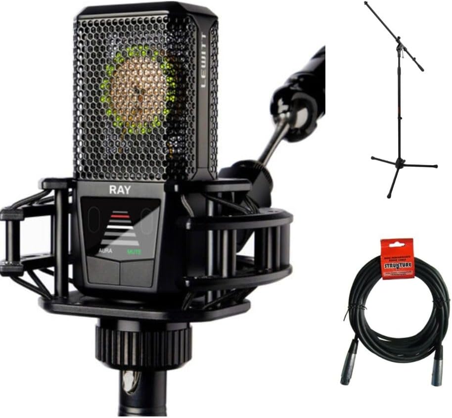 Lewitt RAY Large-Diaphragm Condenser Microphone with Distance Sensing Mute Bundle with Mic Stand with Fixed Boom XLR- XLR Cable