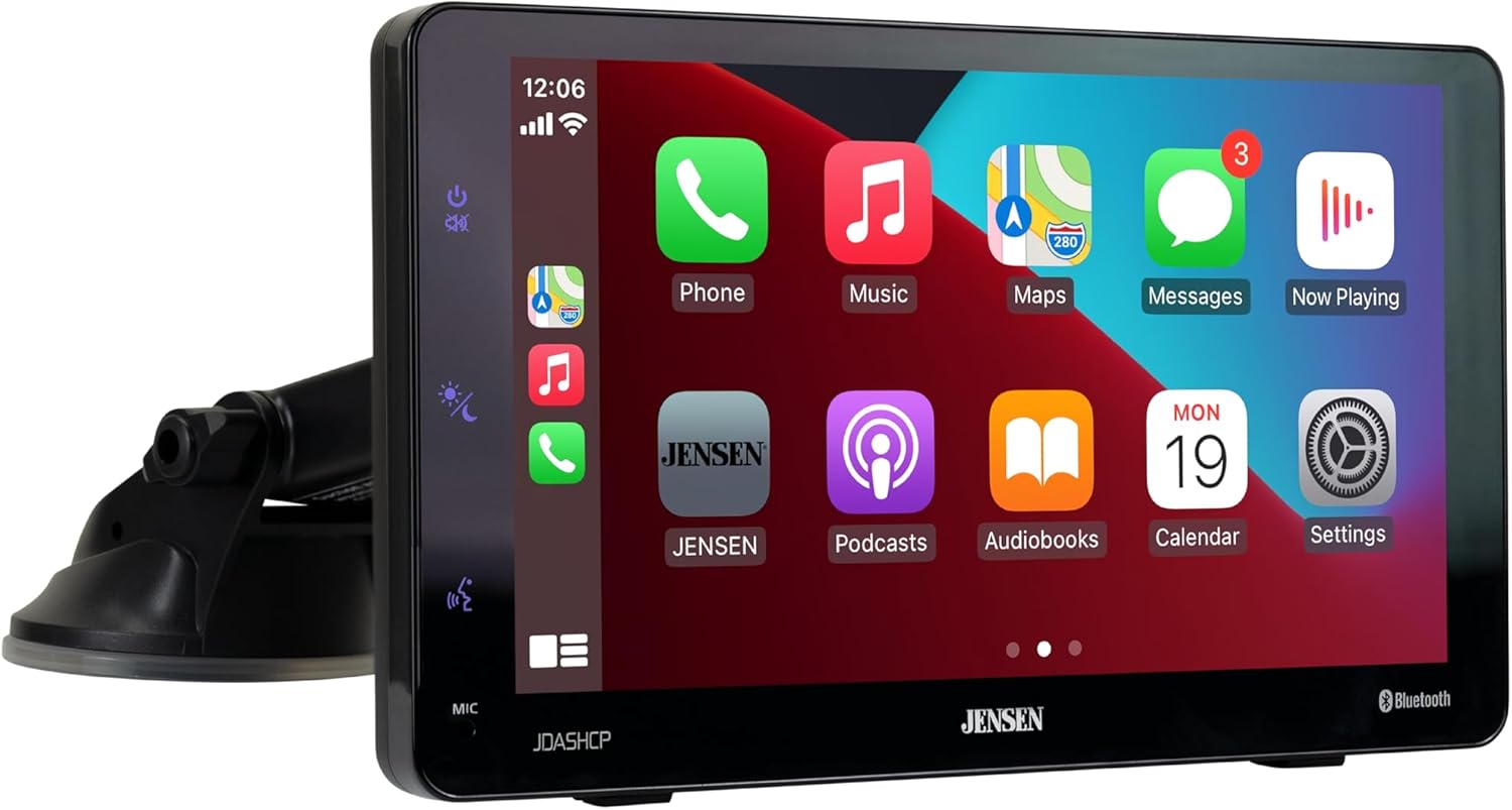 JENSEN JDASHCP 7-inch Portable Wireless Dash Mount Car Stereo Radio Screen | Apple CarPlay Android Auto | All Vehicles | Car Truck RV EV Tesla | Bluetooth Hands Free Calling & Music Streaming | USB