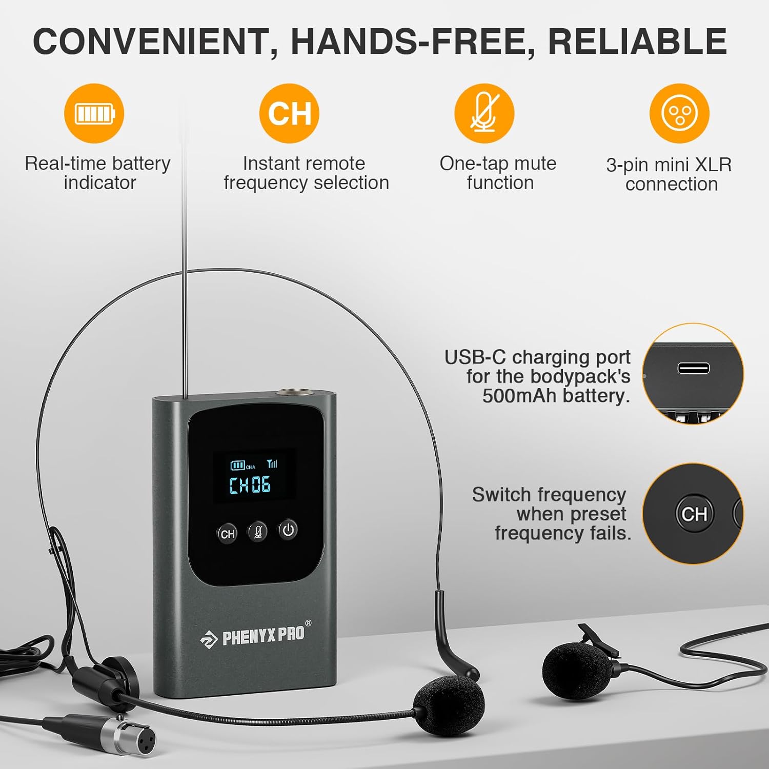 Phenyx Pro Dual Digital Wireless Microphone System, w/Handheld Dynamic Microphone, Bodypack Transmitter, Mini Receiver, 2x15 UHF Frequencies, Headset/Lapel Mic for Singing (PDP-2-1H1B)