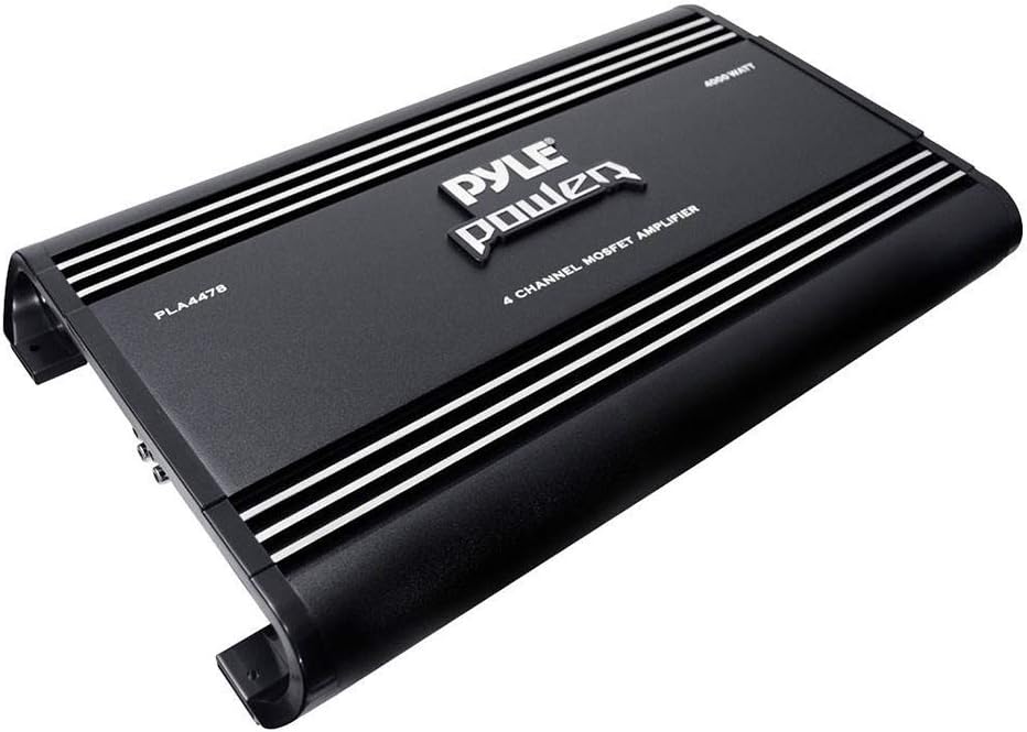 Pyle 4 Channel Car Stereo Amplifier - 4000W High Power 4-Channel Bridgeable Audio Sound Auto Small Speaker Amp Box w/ MOSFET, Crossover, Bass Boost Control, Silver Plated RCA Input Output -PLA4478