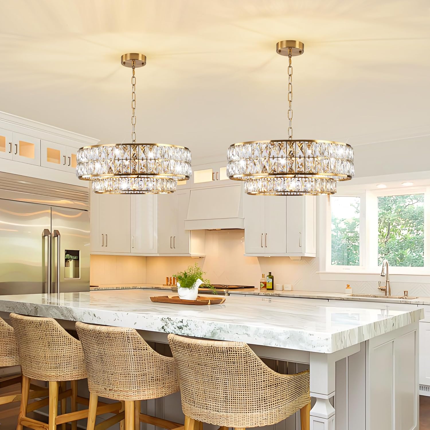 20 Inch Contemporary Luxury Crystal Chandelier, 6-Light Gold Semi-Flush Mount Ceiling Fixture, Round Crystal Pendant Design Perfect for Living Room, Dining Room, Kitchen, Foyer & Bedroom