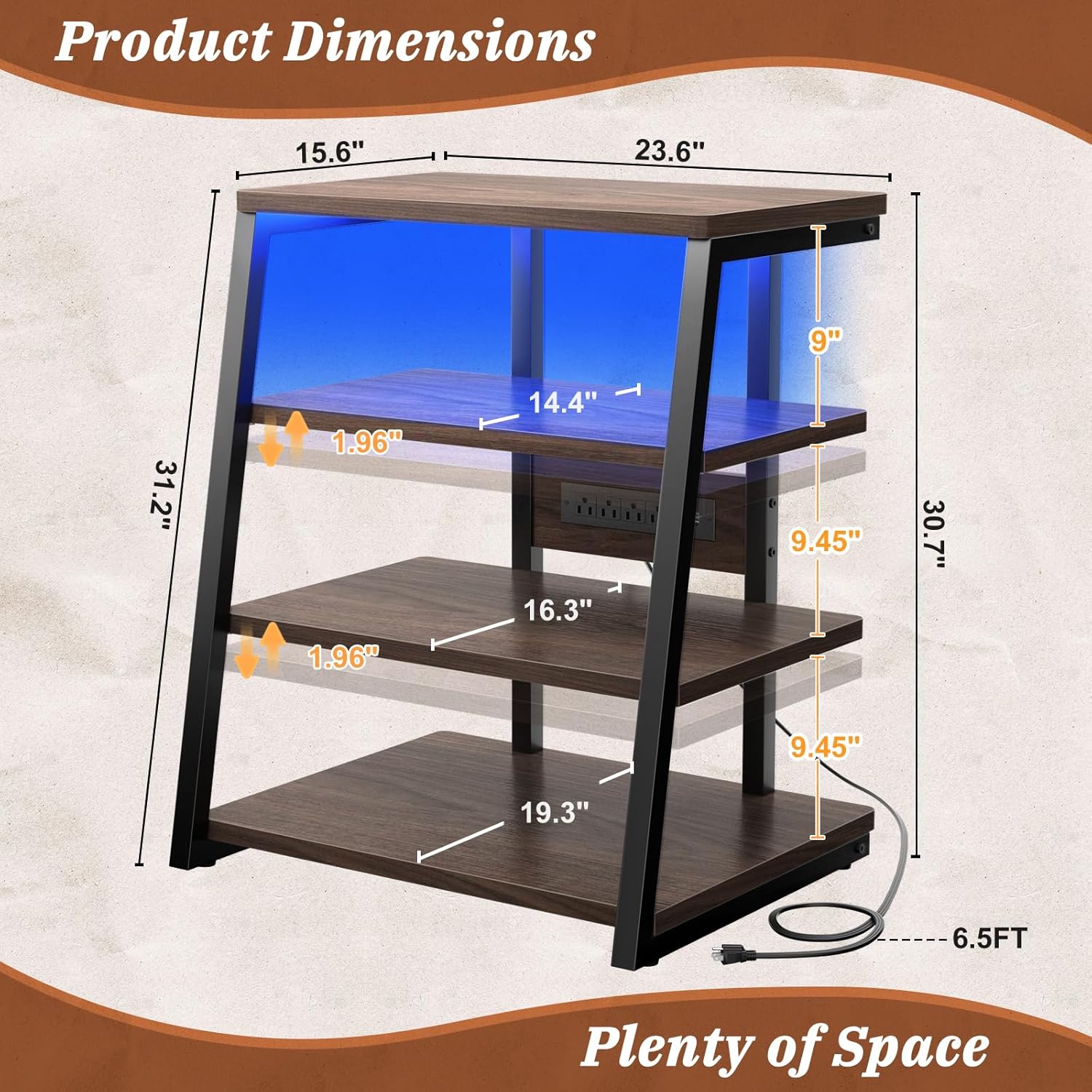 Armocity 4-Tier AV Media Stand with Power Strips, Corner TV Stand with LED Lights, Rack Audio Tower with Adjustable Shelves, Corner Entertainment Center, 30'', Black Walnut