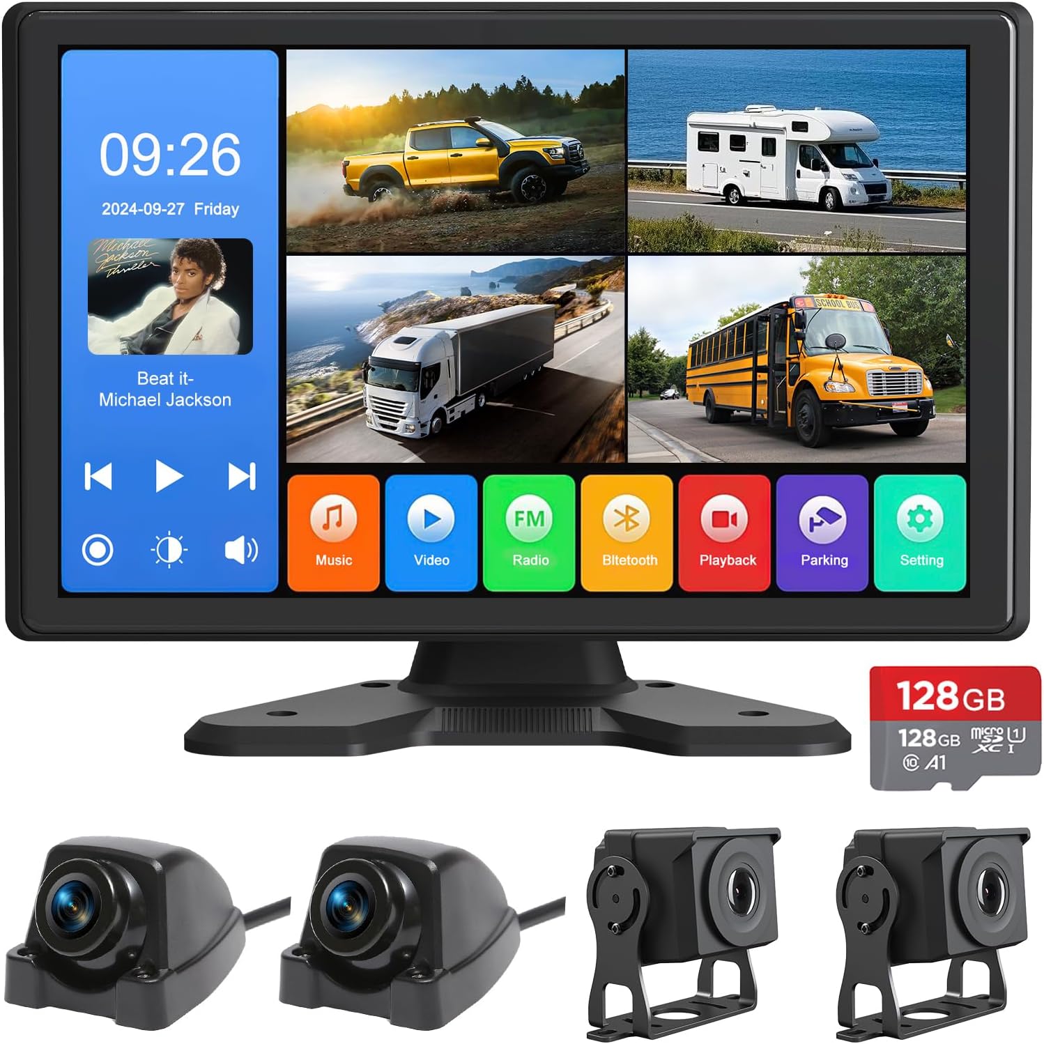 4 Channel Backup Camera System,Touchable 10.1 inch Monitor with DVR Loop Recording, IP69 Waterproof, Nightvision 1080P Camera for RV/Truck/Trailer Pickup, Wired (Cigarette Charger &128G)