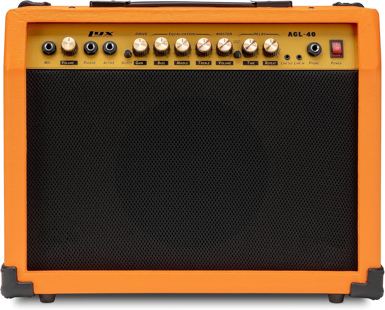 LyxPro 40 Watt Electric Guitar Amplifier | Solid State Studio Amp with 8” 4-Ohm Speaker, Custom EQ Controls, Drive, Delay, ¼” Passive/Active/Microphone Inputs, Aux in & Headphone Jack - Sunburst