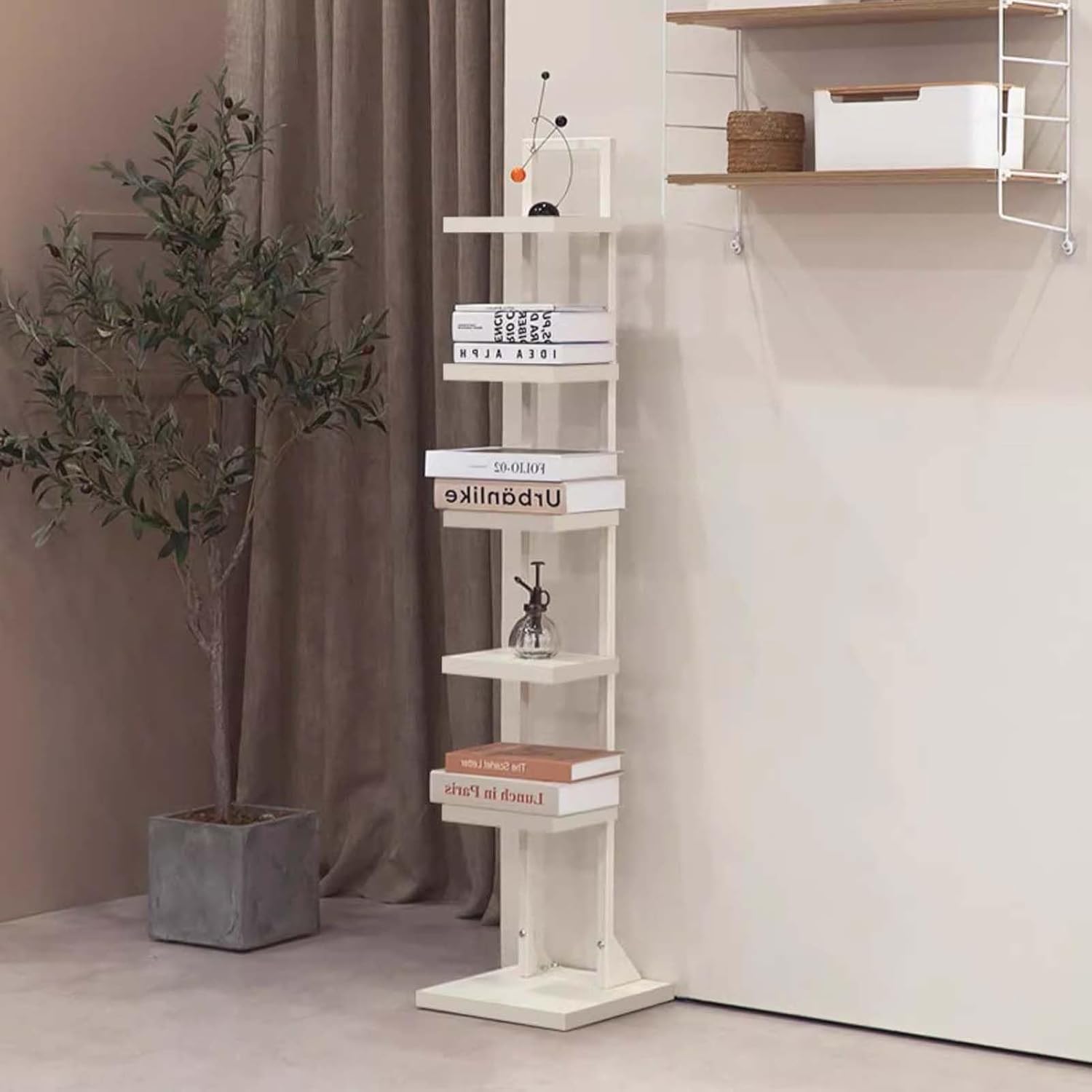 Vertical Bookshelf Tower Modern Shelf, White Metal Frame & Wood Board Bookcase, Corner Book Organizers for Small Space, 6 Layer Spine Book Tower