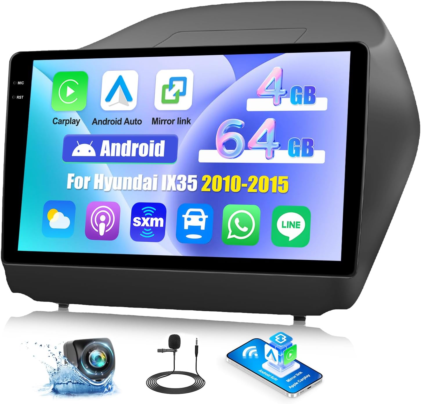 [4G+64G] Android 15 Car Radio for Hyundai Tucson IX35 2010 2011 2012 2013 2014 2015 with Carplay Android Auto 10.1 Inch Touch Screen Bluetooth FM RDS/WiFi/GPS Navigation/SWC+AHD Backup Camera