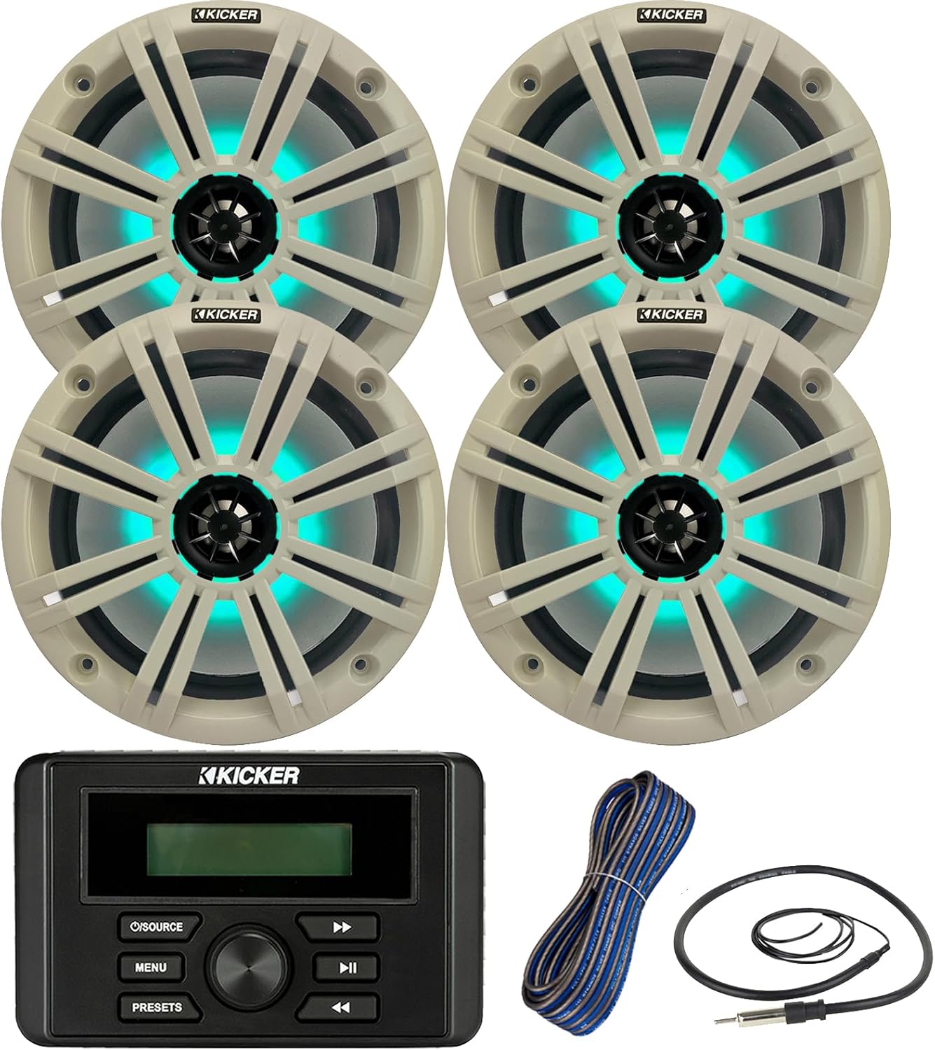 Kicker Weather-Resistant Marine Bluetooth USB RCA Stereo Receiver Bundle Combo with (Qty 4) 8