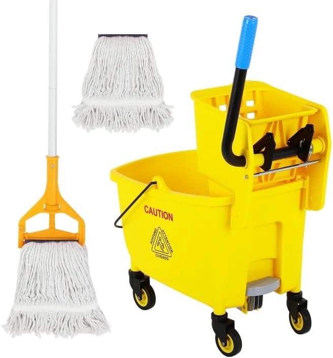 35 Qt Commercial Mop Bucket with Side Press Wringer on Wheels,Mop and Bucket Set, Add One Industrial Mop and One Mop Head Replacement