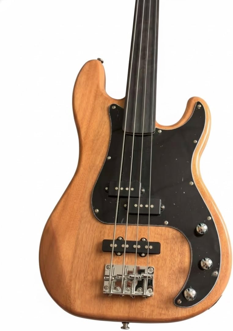 Fretless Electric Bass Guitar Solid Mahogany Body Rosewood Fretboard PJ Pickups 4 String Natural Wood
