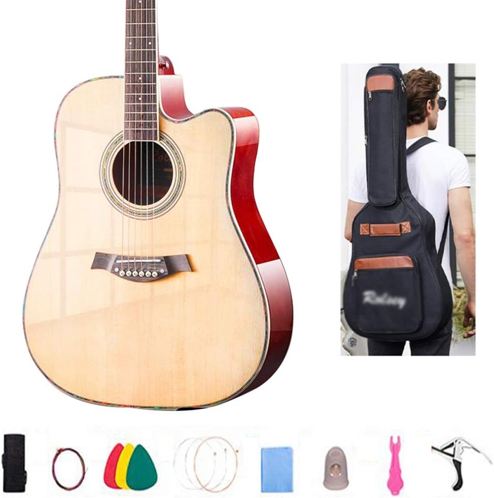 Etlegor Acoustic Guitar Handmade Glossy Wooden Guitar 6 Steel Strings Veneer Beginner's Kit Spruce Wood Fretboard, Case Bag, Strap, Tune (Color : Natural-41 inches)