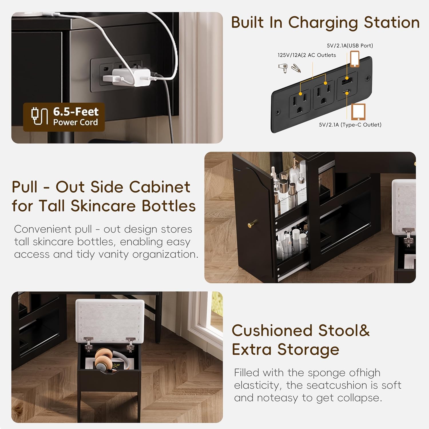 Corner Vanity Desk with Drawers, Corner Makeup Vanity with Storage Cushioned Stool & Charging Station, Wooden Makup Desk with Removable Pull-Out Side Cabinet & Storage Shelf, Black