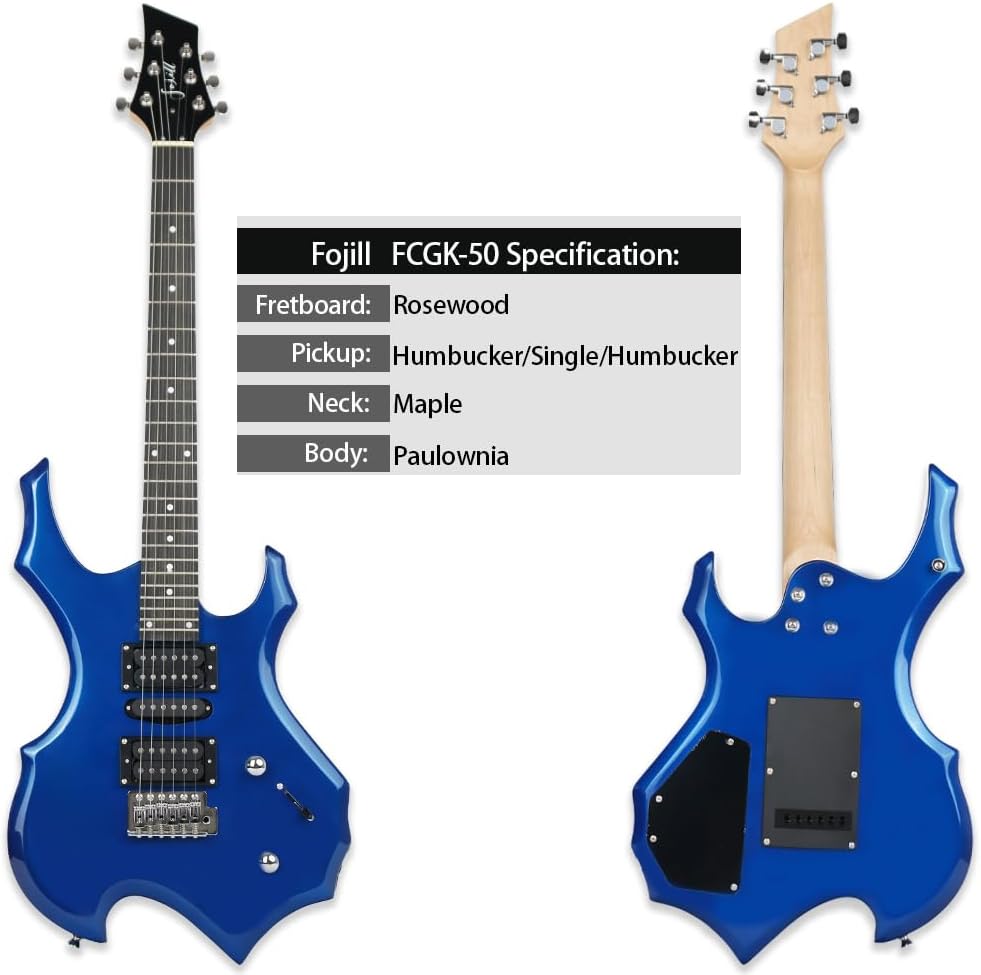 Fojill Heavy Metal Cool Shape Electric Guitar Kit Set Beginner Starter Combo Package Bundle 20W Amplifier Amp Accessory Padded gig Bag,Picks, Cable,Strap,Extra Strings