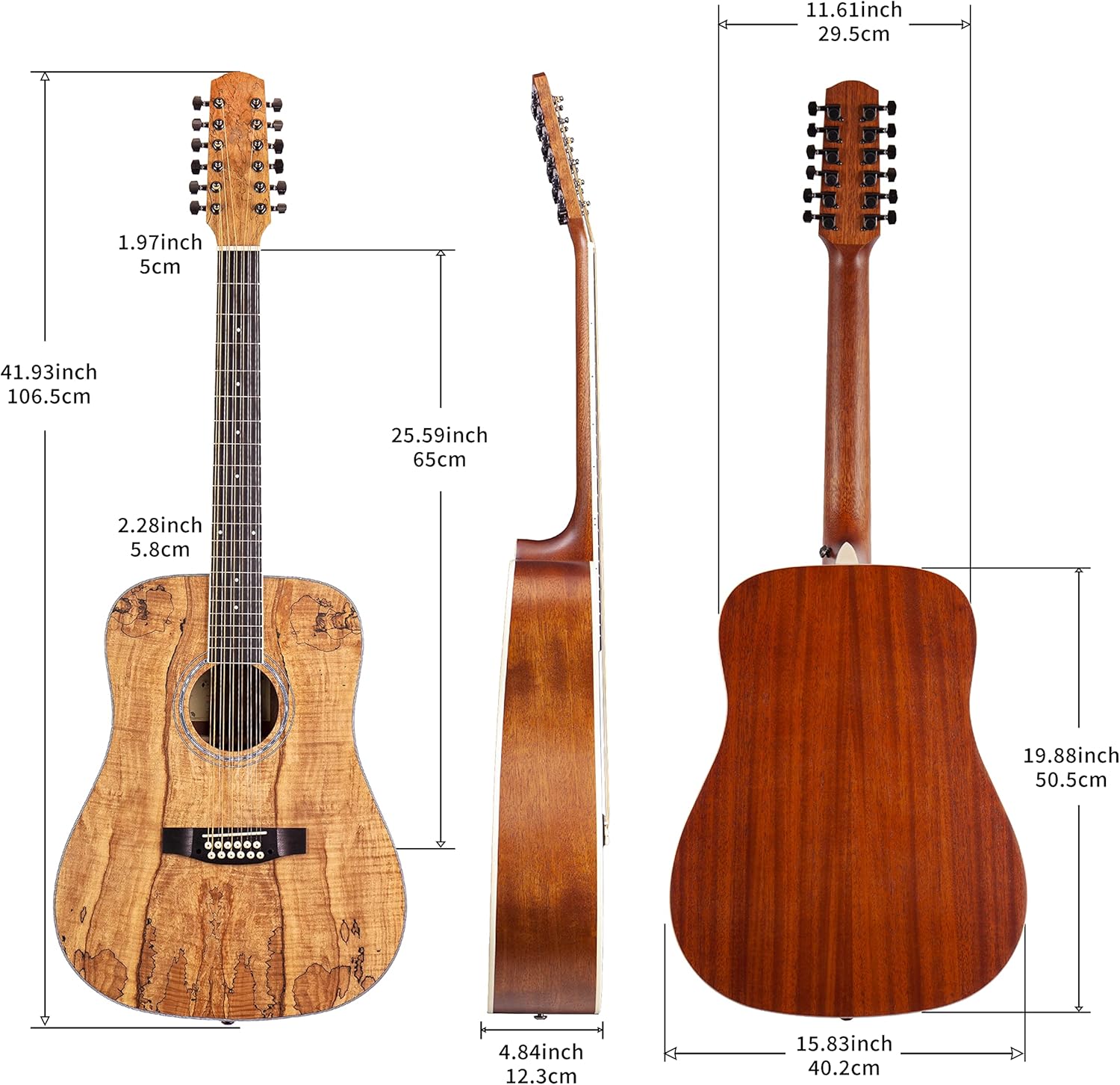 TARIO 12 Strings Acoustic Guitar Spalted maple Top Mahogany back & sides Okoume Neck