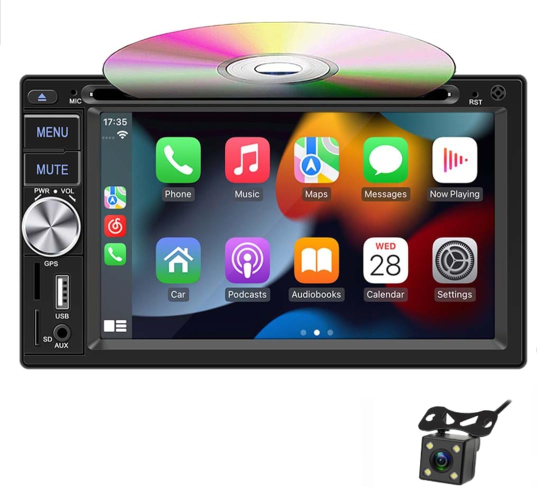 Eaglerich 6.2'' Touchscreen Bluetooth Car Radio with Carplay Android Auto, Double Din CD/DVD Player, Mirror Link, FM AM Radio, SWC, Double USB Port Car Audio Receiver